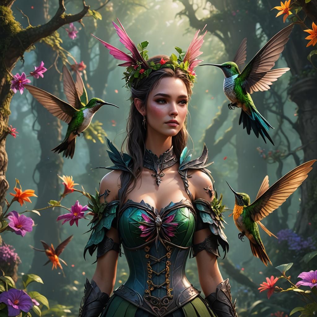 Hummingbird on Elf Shoulder: Detailed Fantasy Art