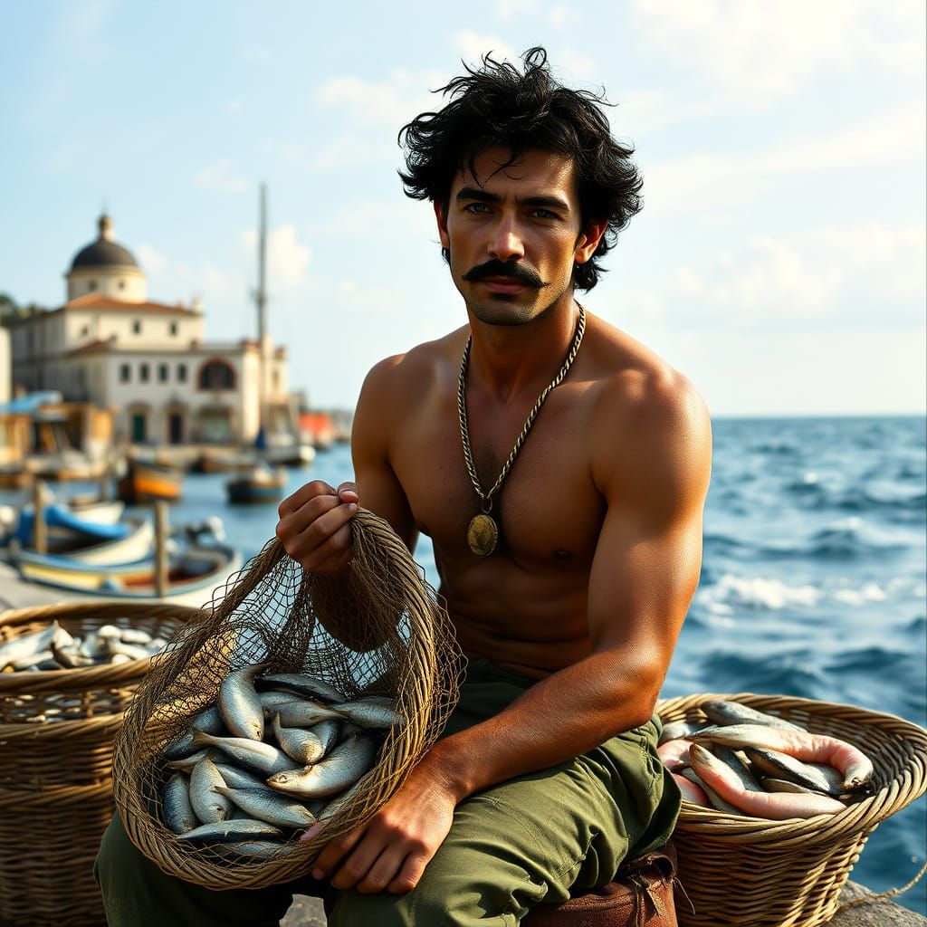 Sicilian Fisherman with Net on Pier, Cinematic Style