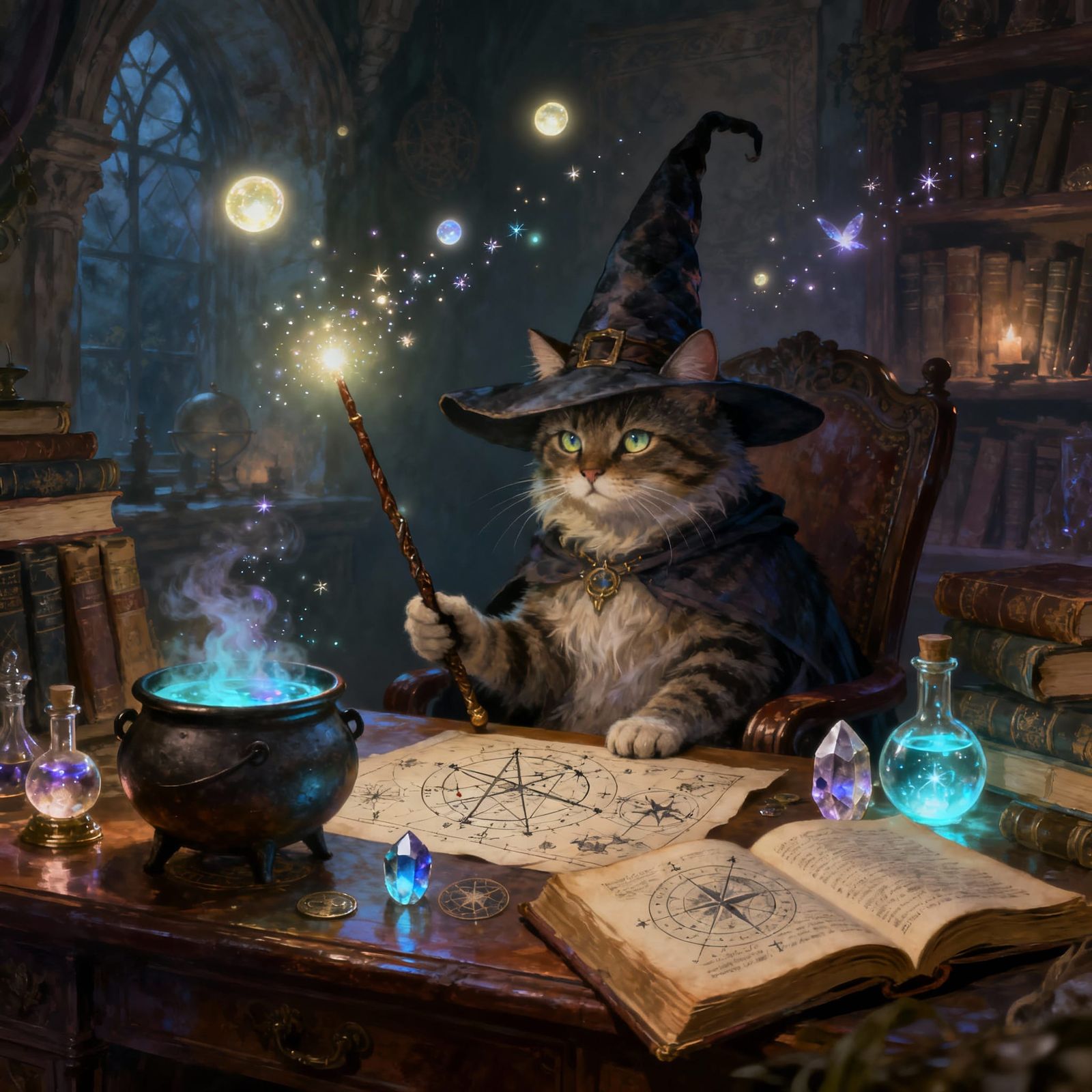 Majestic Cat Wizard in Enchanted Study