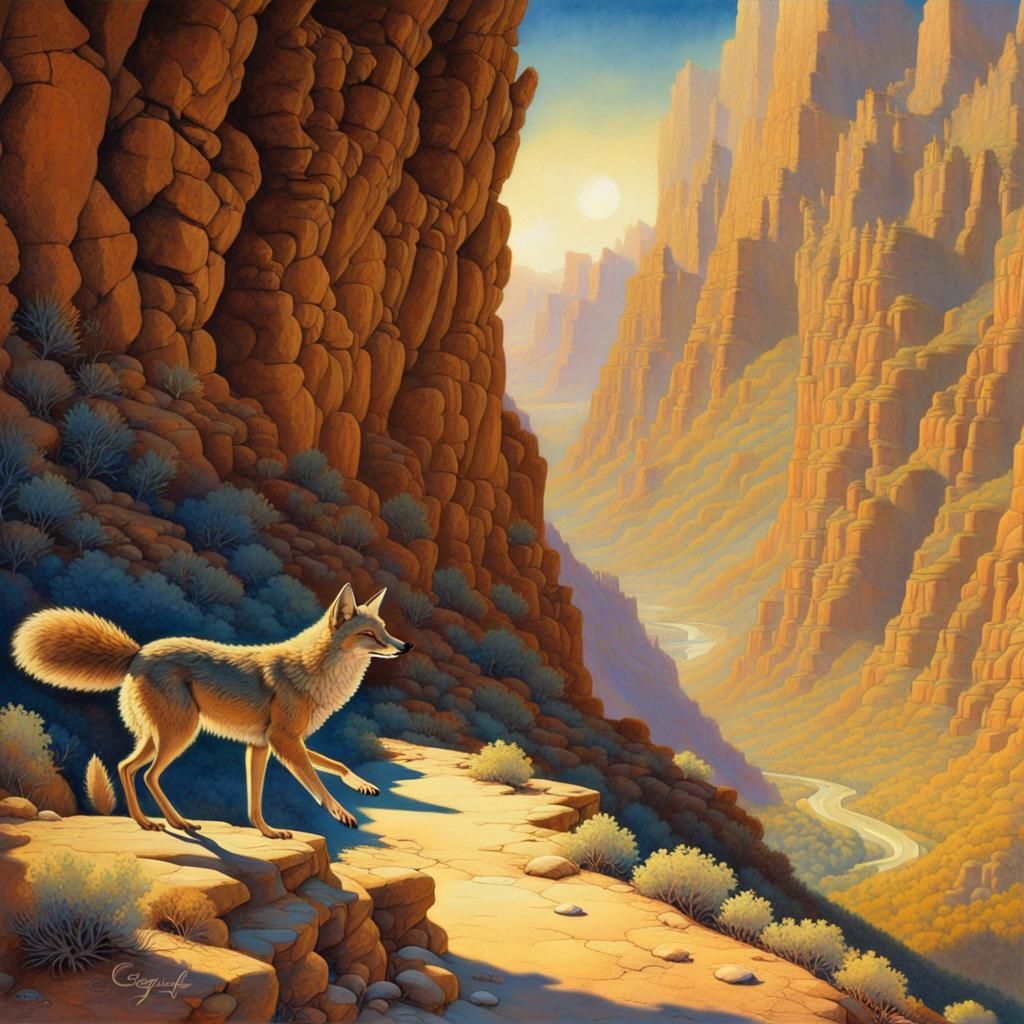 Coyote and Roadrunner in Canyon, Parrish Style