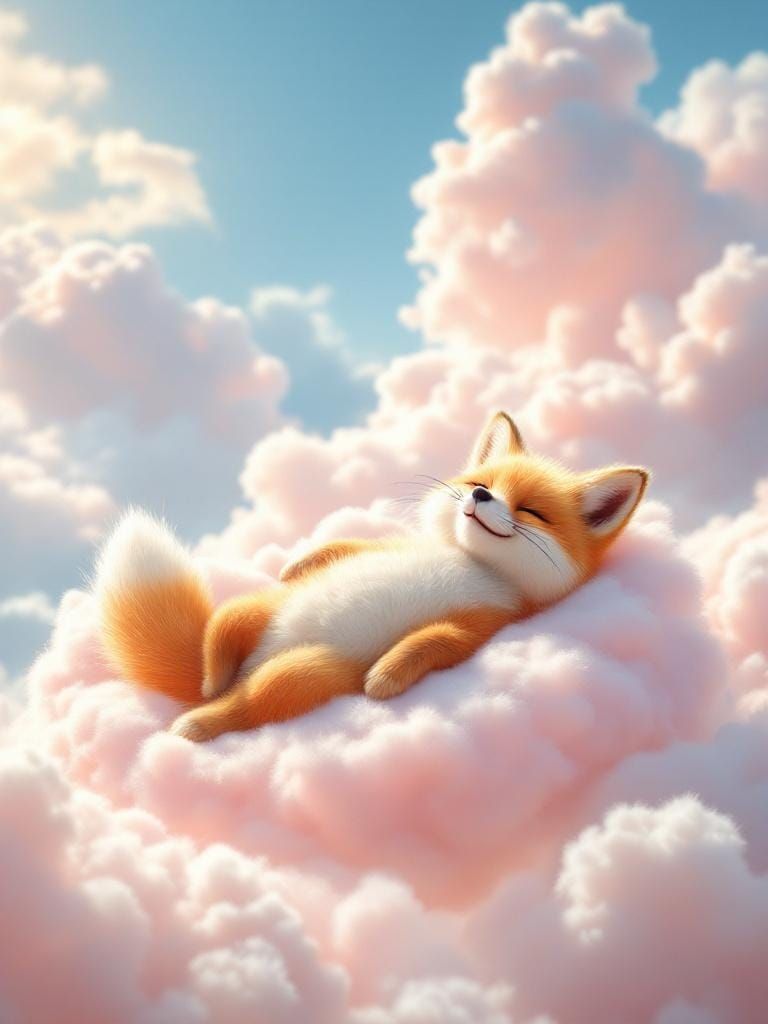 Relaxing Fluffy Fox Floating on Cloud