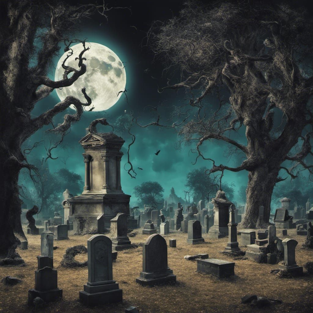 Surreal Cemetery Scene with Ghosts in Dreamlike Style