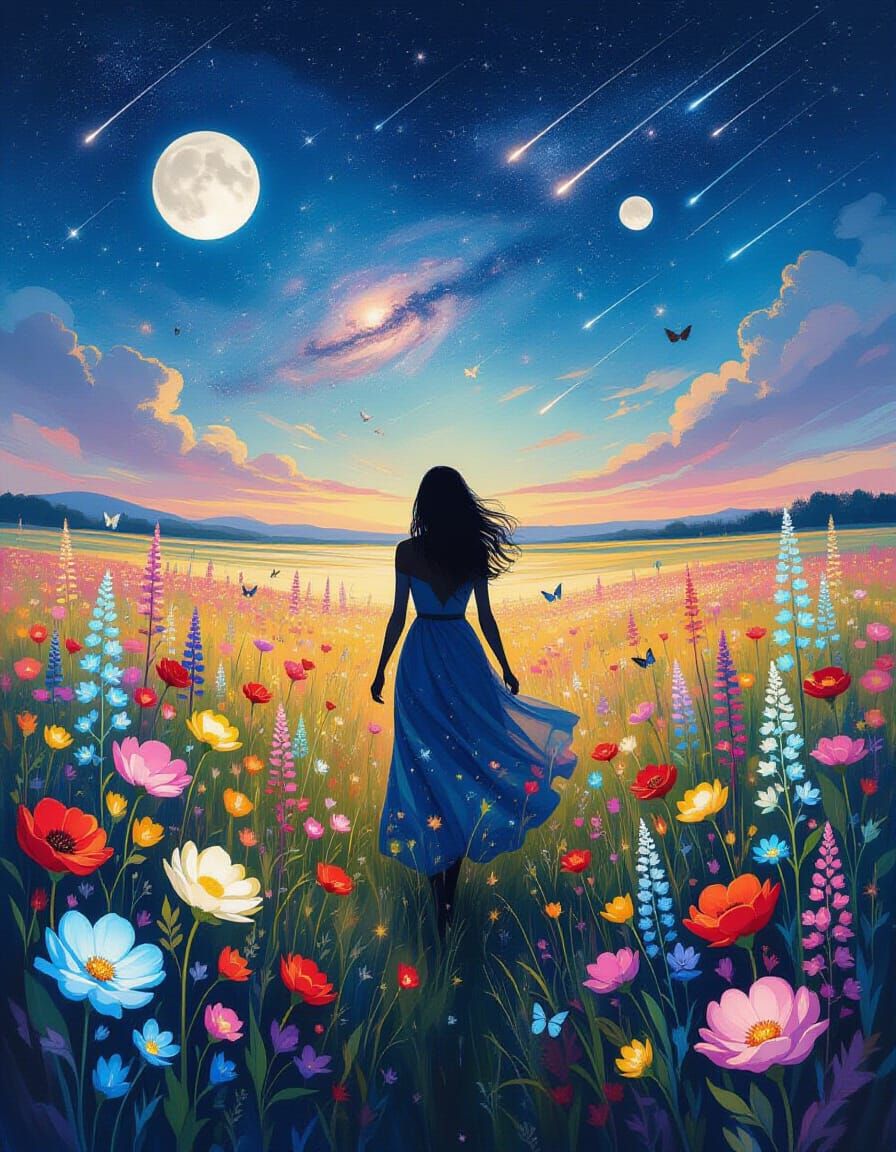 Ethereal Figure in Bioluminescent Field Under Twin Moons