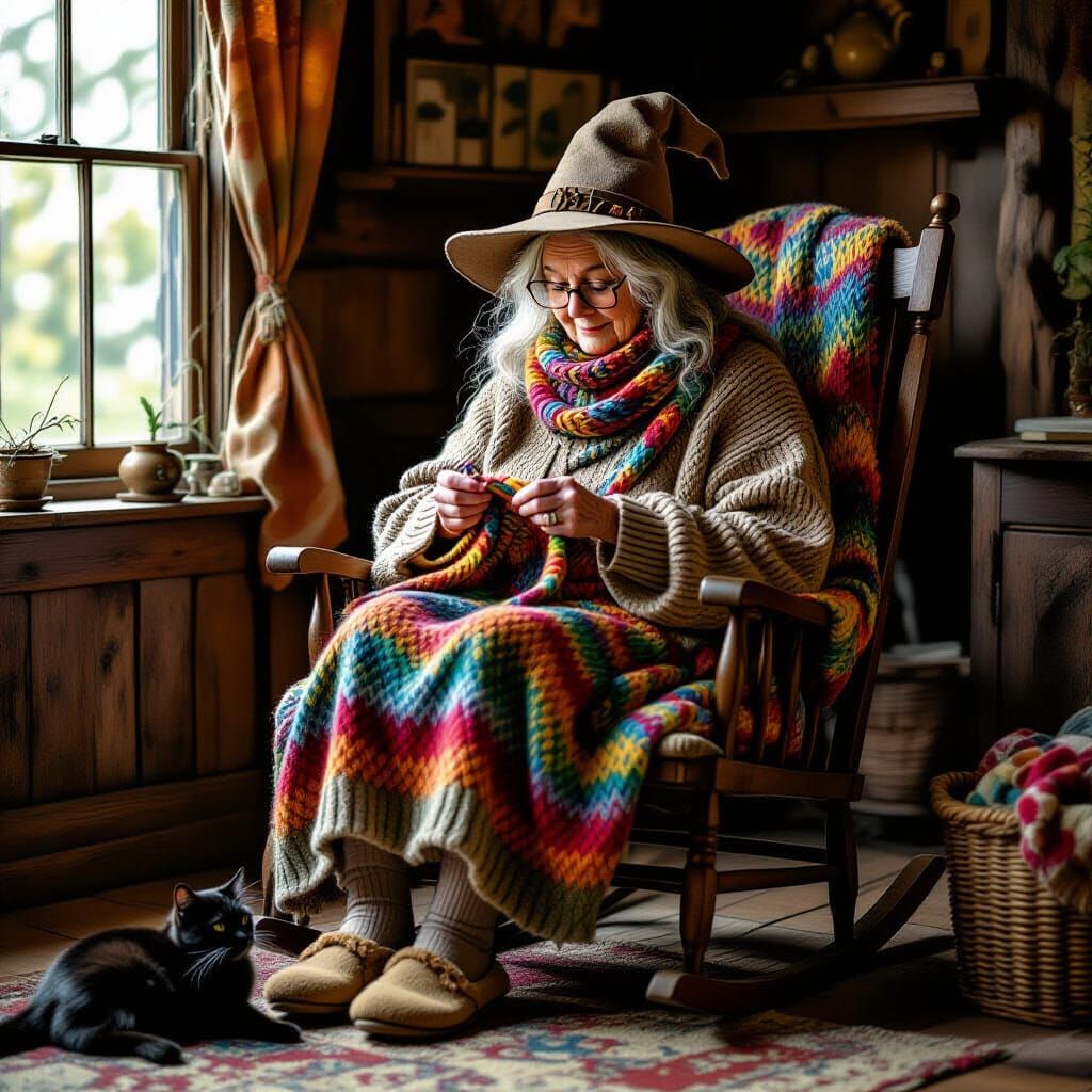 Whimsical Witch Knitting in Rustic Living Room
