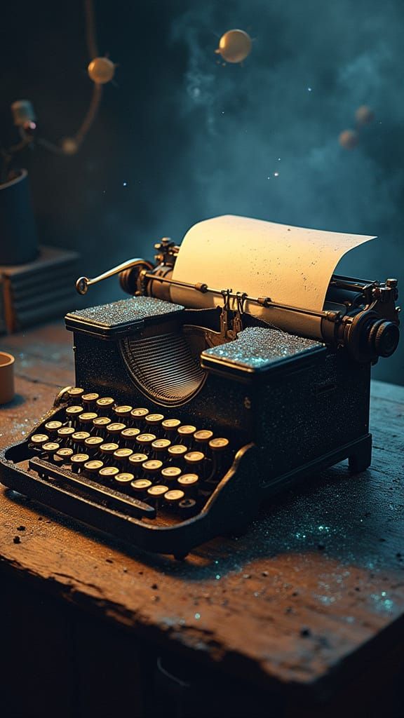 Cosmic Typewriter on Nebula Desk, Starlight Keys