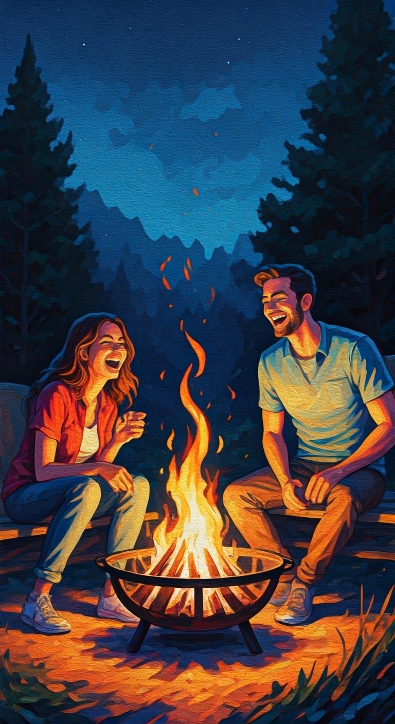 Joyful Friends Gather Around a Rustic Fire Pit on a Starry N...