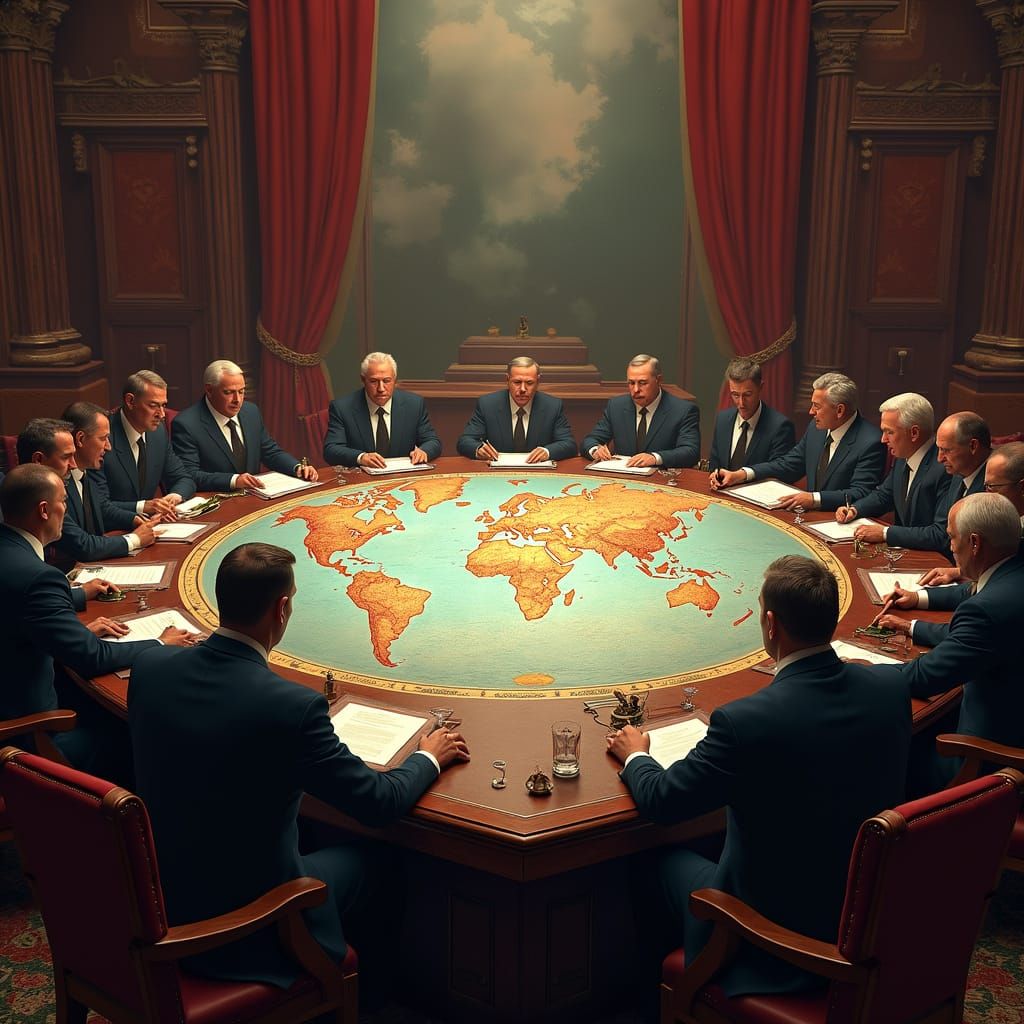 World Leaders Argue Over Globe Map as Matte Painting