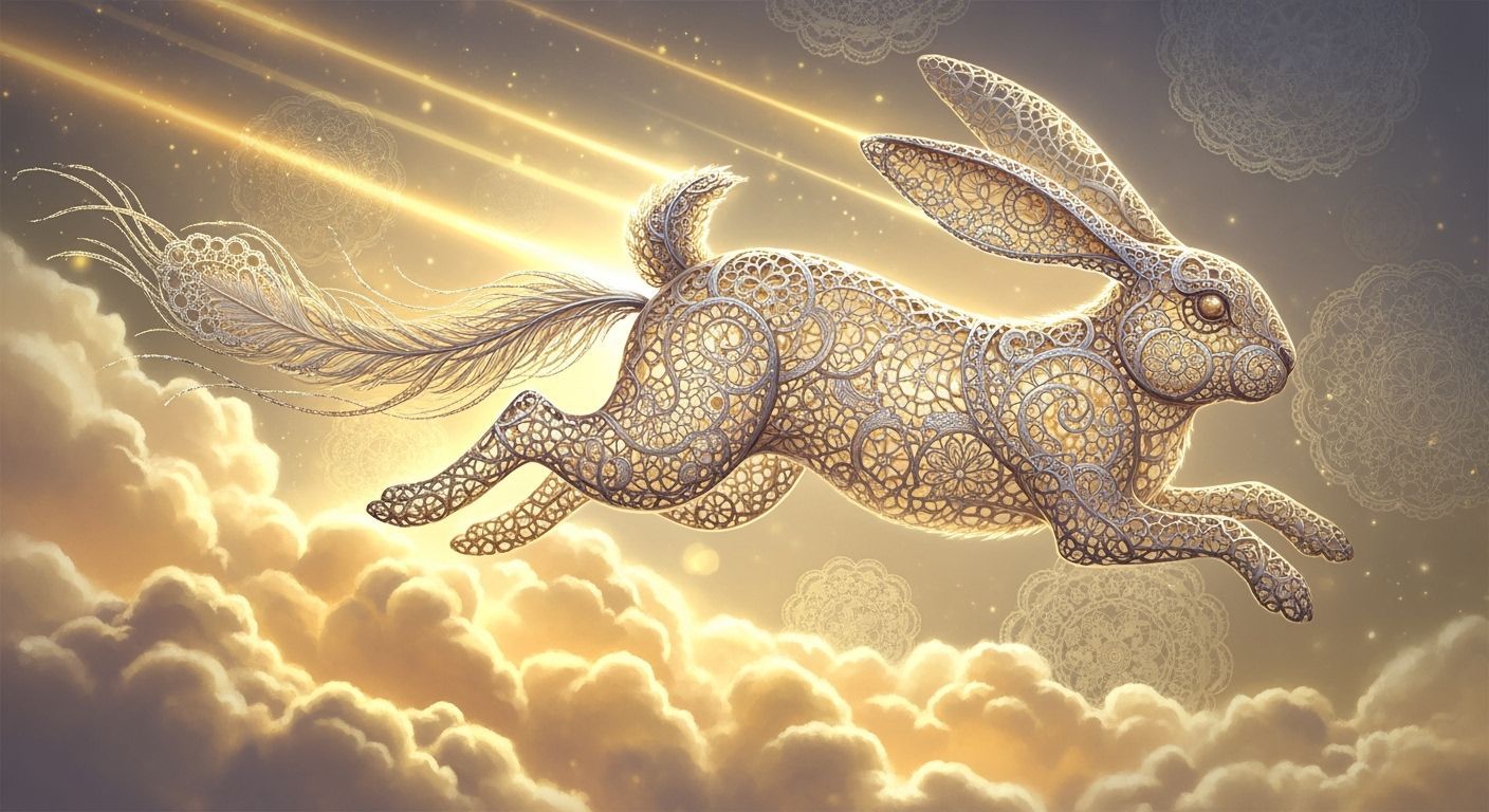 Lace Bunny Leaping on Golden Clouds with Streaming Light