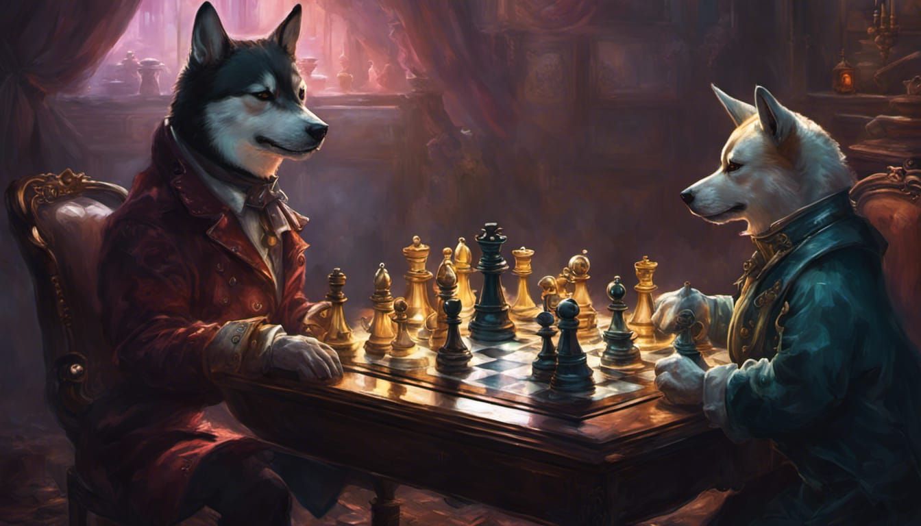 Shiba Inu Chess Fight in Dark Fantasy Style