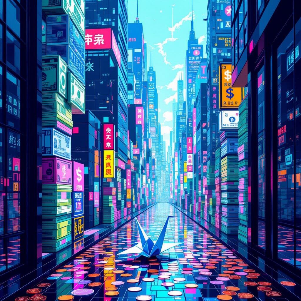 Cyberpunk Cityscape of Banknote Skyscrapers and Coin Streets