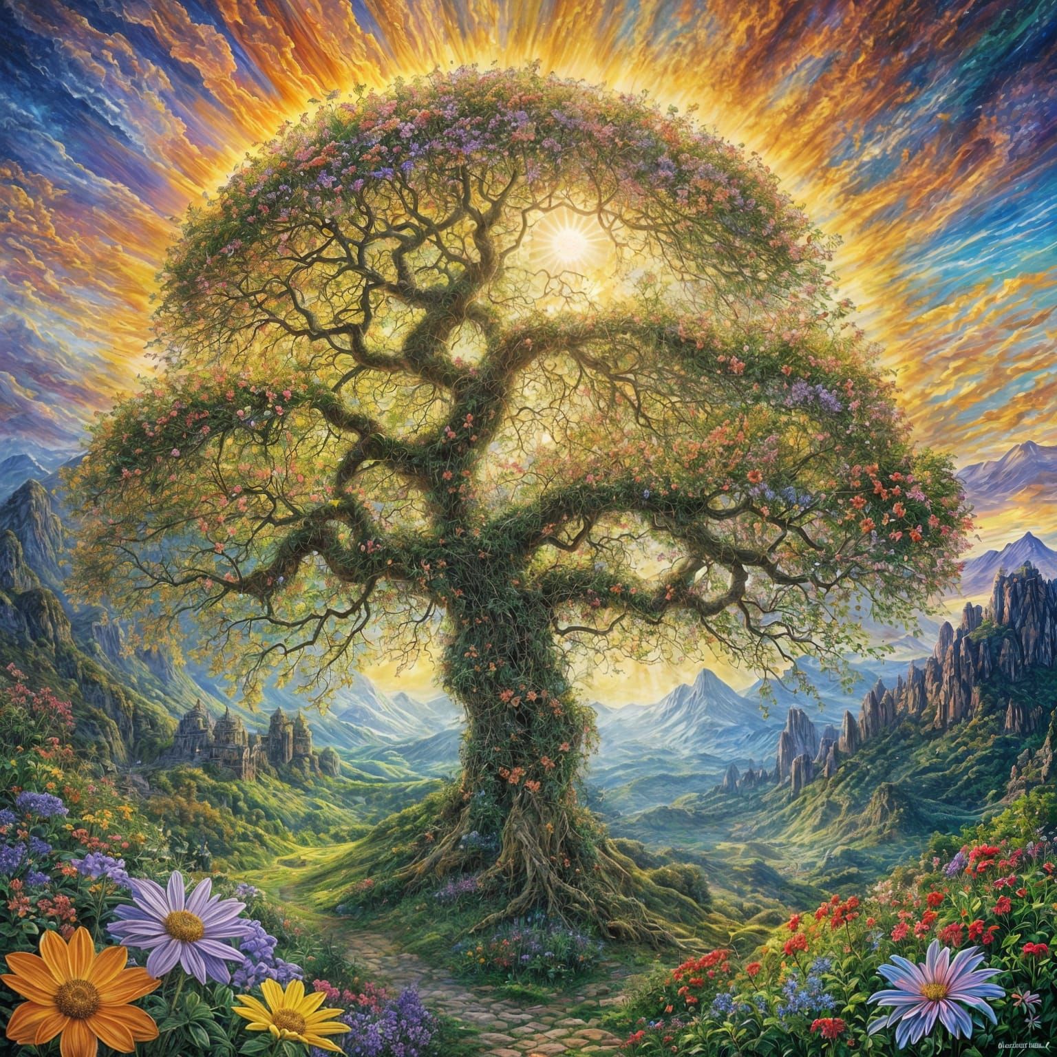 Sunlit Tree with Flowers in Fantasy Style