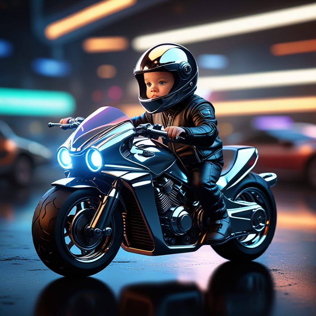 Baby on Futuristic Motorcycle in Vibrant Digital Art
