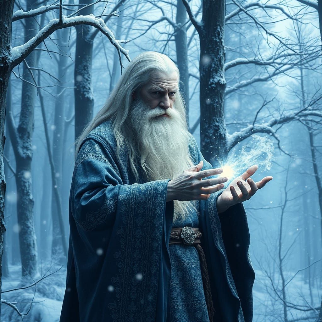 Winter Wizard Weaves Ancient Magic in Snowy Forest