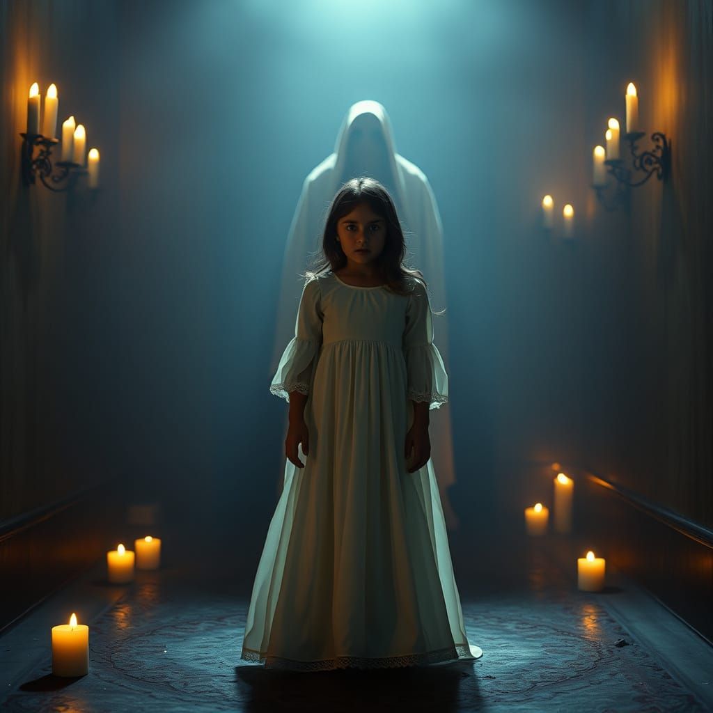 Girl Overwhelmed by Haunting Presence in Shadows