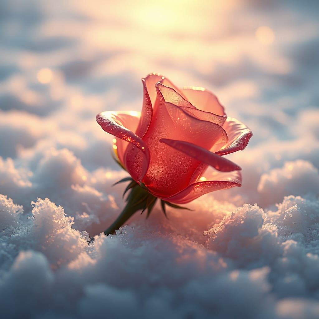 Glass Rose in Winter Wonderland, Glowing with Mystical Light
