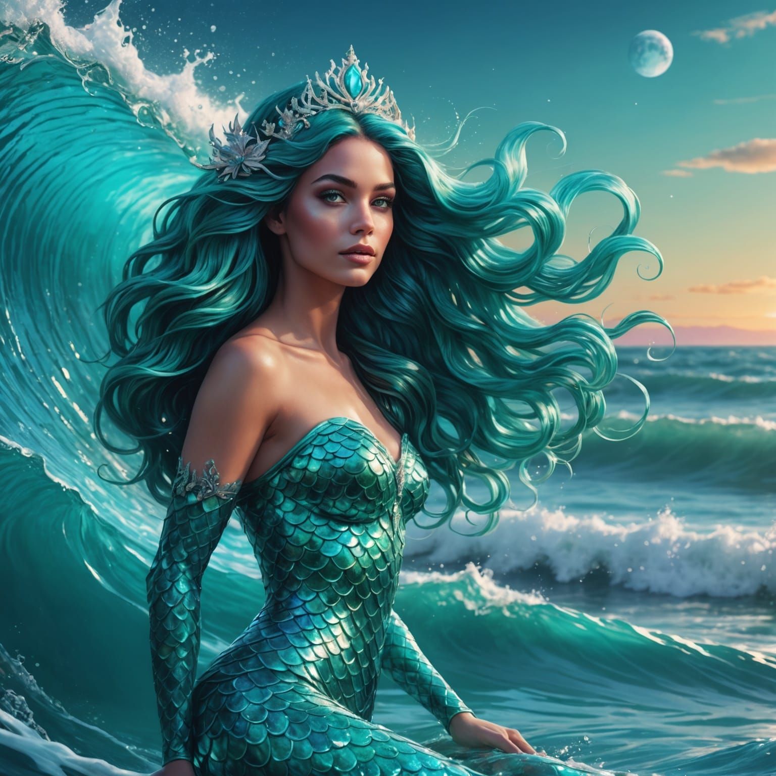 Mermaid Princess Emerges from Turquoise Waves