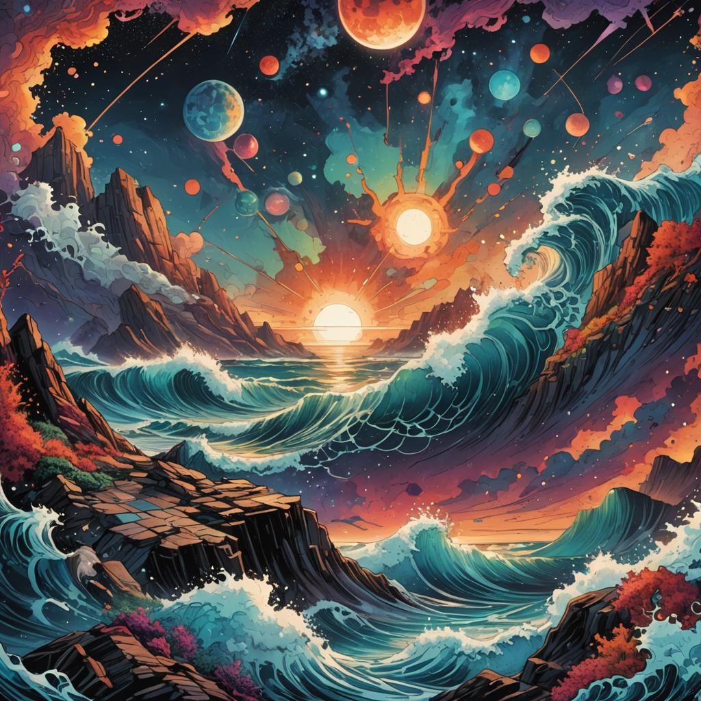 Cosmic Ocean Meeting in Vibrant Comic Book Art