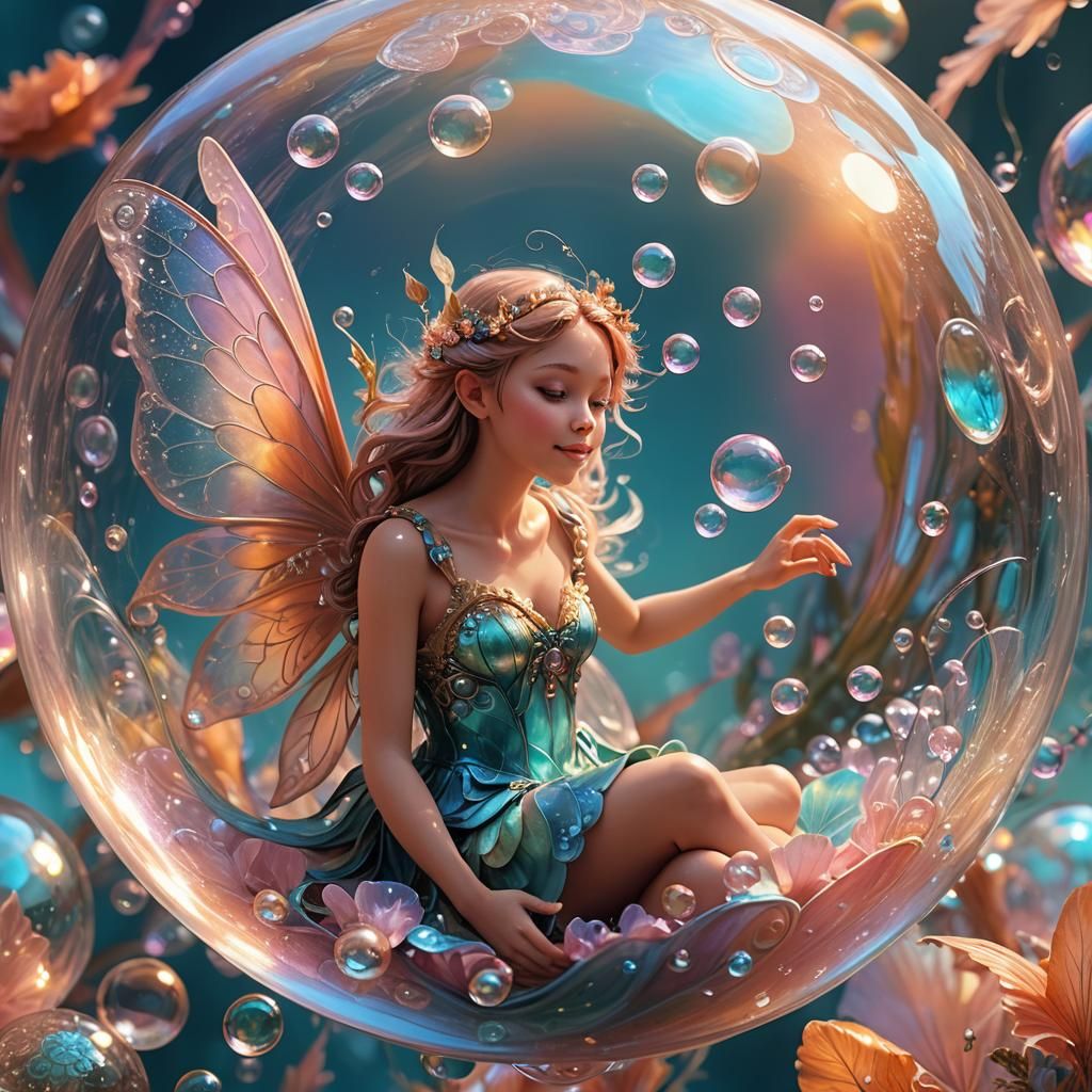 Happy Fairy Floating in Iridescent Bubble