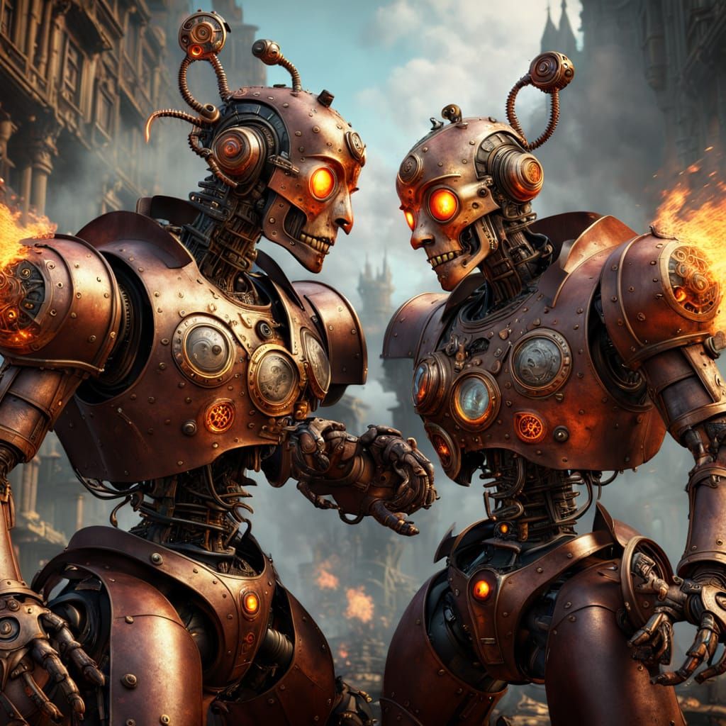 Steampunk Bots Engage in Fiery Duel
