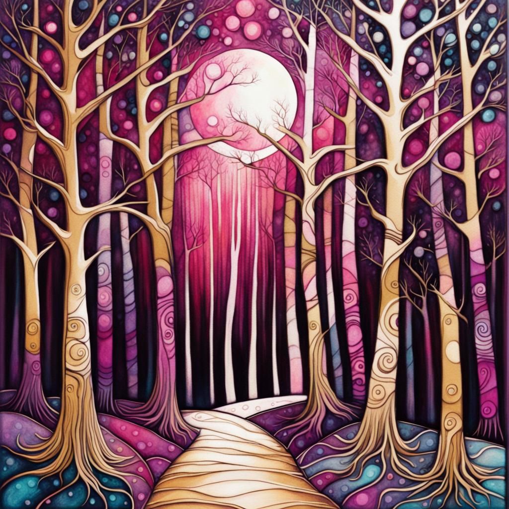 Moonlit Arabesque Forest in Impasto Alcohol Ink Style