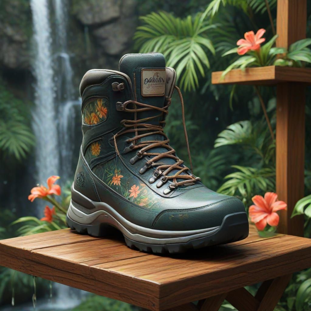 Hiking Boot Tropical Landscape Digital Watercolor
