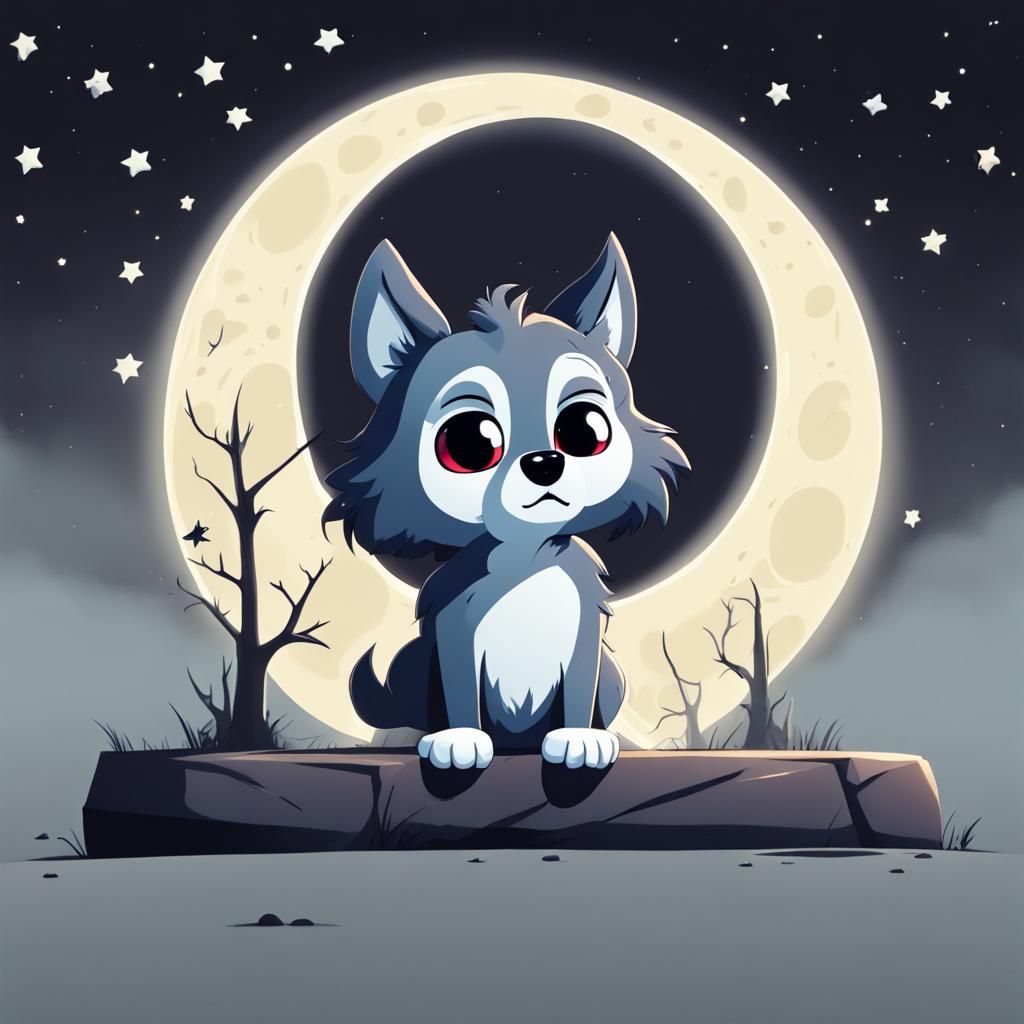 Sad Wolf Howling at Moon in Cemetery, Chibi Style