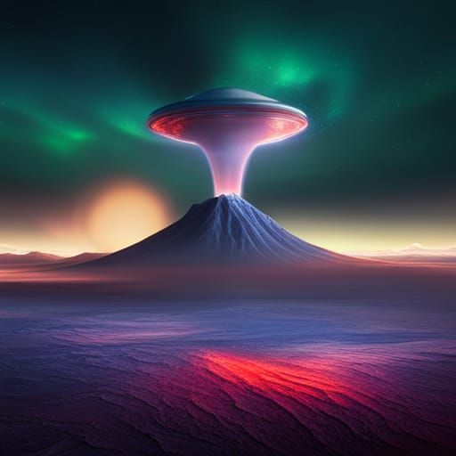 UFO Over Hawaii Volcano in Detailed Matte Painting