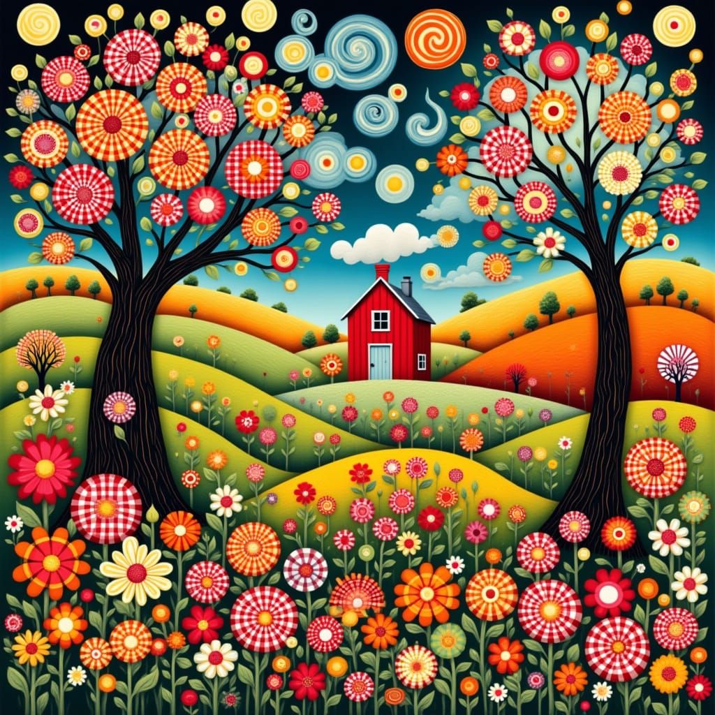 Whimsical Gingham Village with Swirling Trees and Hills