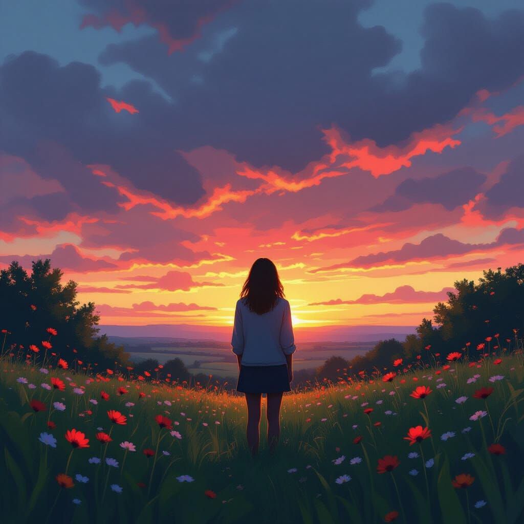 Woman in Lush Greenery at Dramatic Sunset