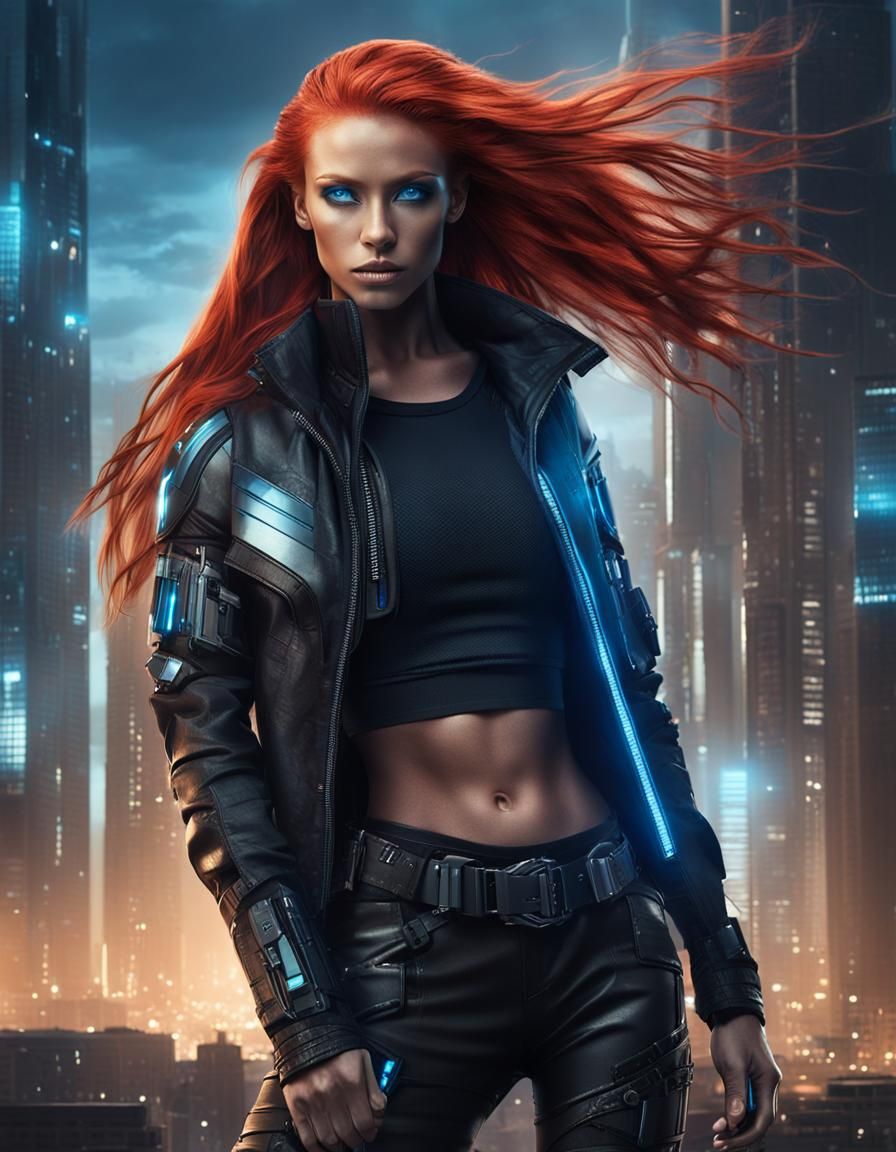 Beautiful Woman in Futuristic Cityscape, Cyberpunk Style