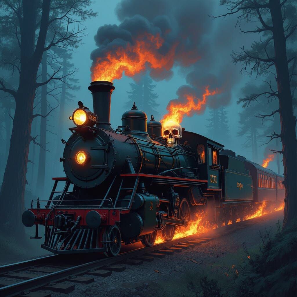 Fiery Skull on Steam Train in Gothic Cyberpunk Style