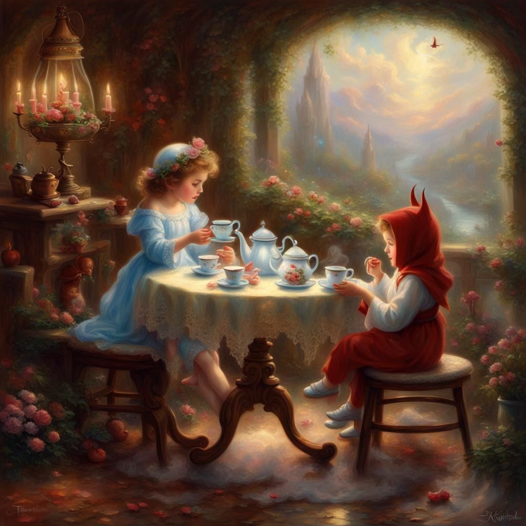 Jesus and Devil at Tea Party in Ethereal Style