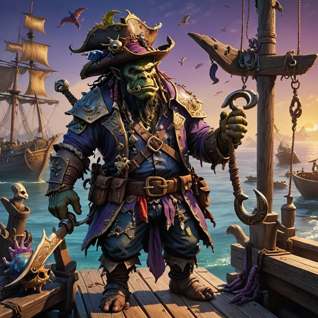 Orc Pirate on Mystical Dock, Digital Matte Painting