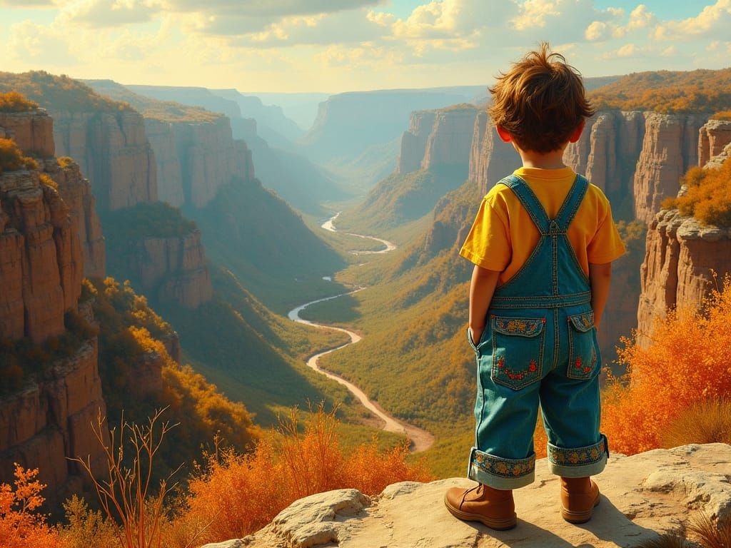 Cloisonné Child at Canyon's Edge in Klimt Style