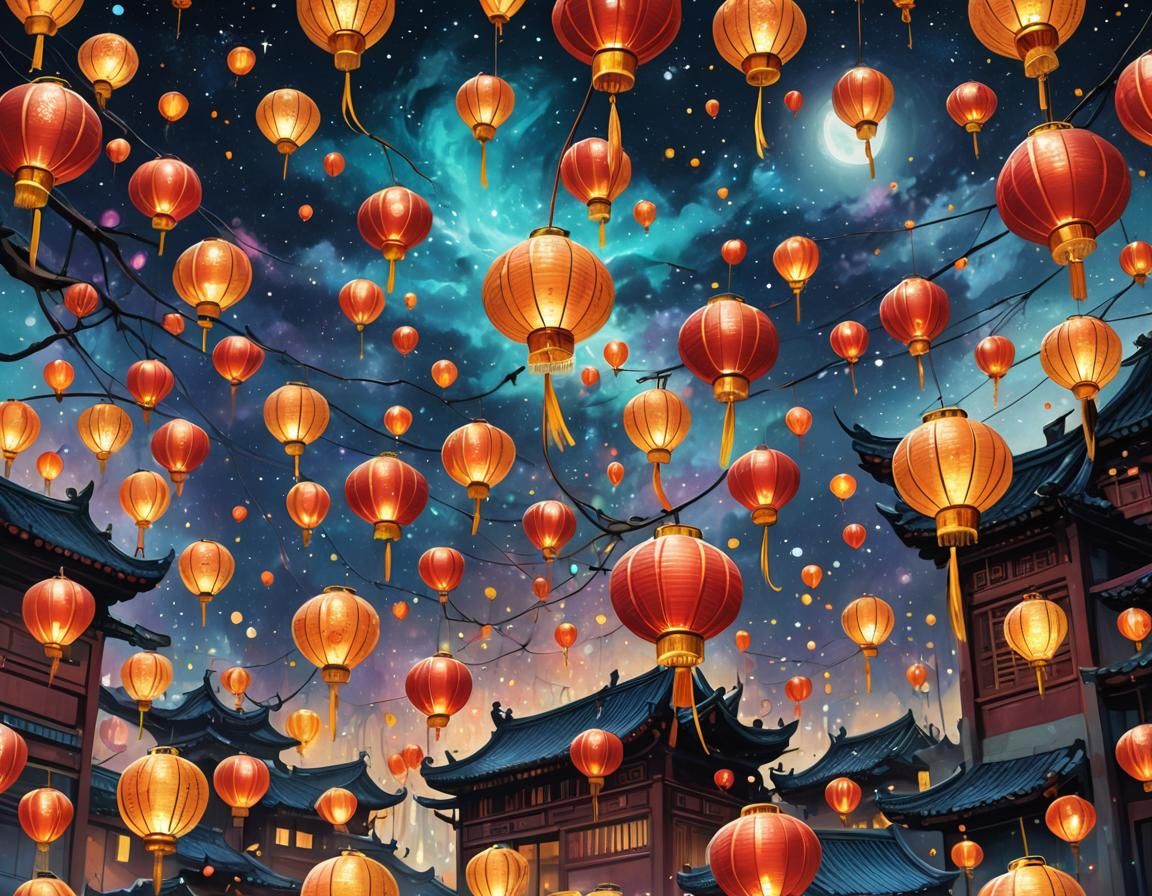 Chinese Lanterns Under Starry Sky in Graffiti Art Style