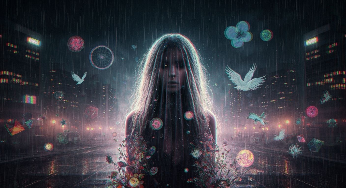 Night City Mist and Rain in Glitch Art Style