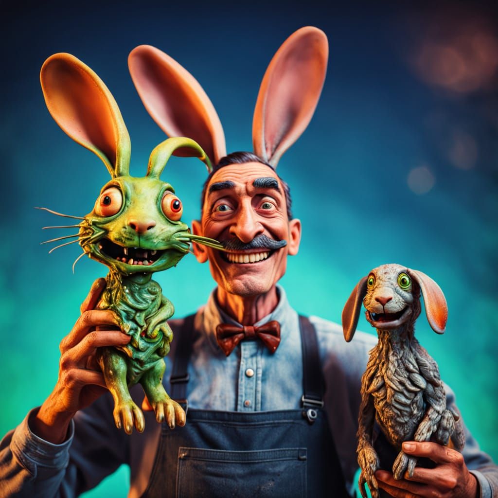 Surreal Farmer Unveils Zombie Rabbit in Vibrant, Melting Wor...