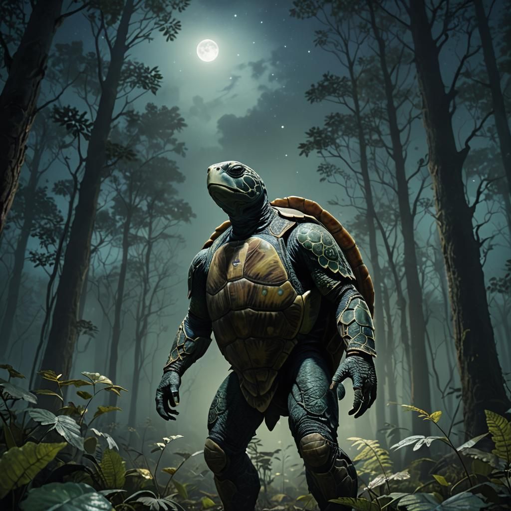 Turtle Humanoid in Misty Forest: Digital Art
