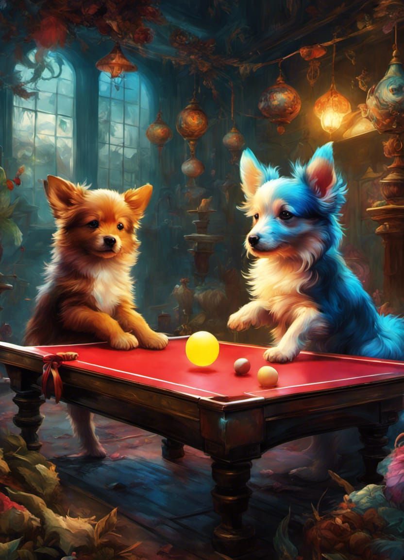Puppies Play Ping-Pong in Fantasycore Style