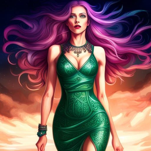 Green dress, purple hair, model
