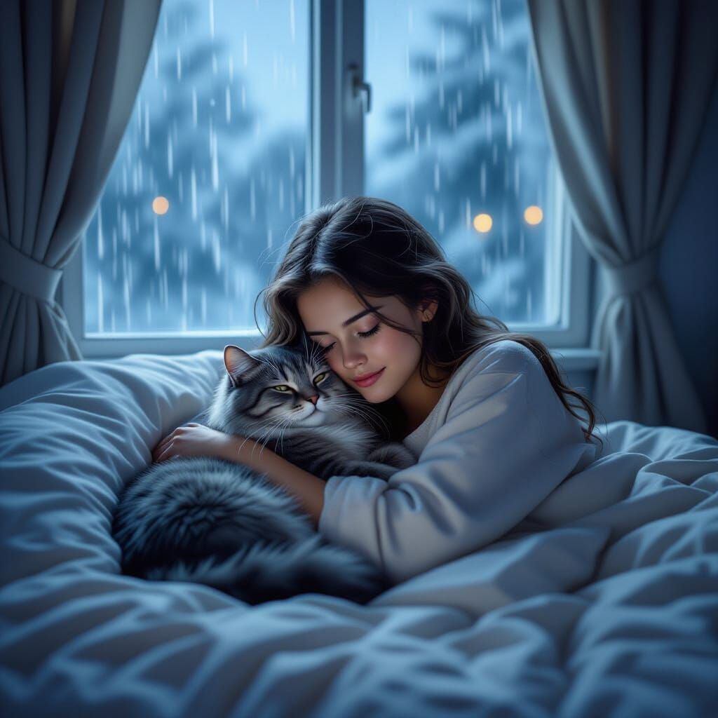 Girl Cuddles Cat Amidst Stormy Evening