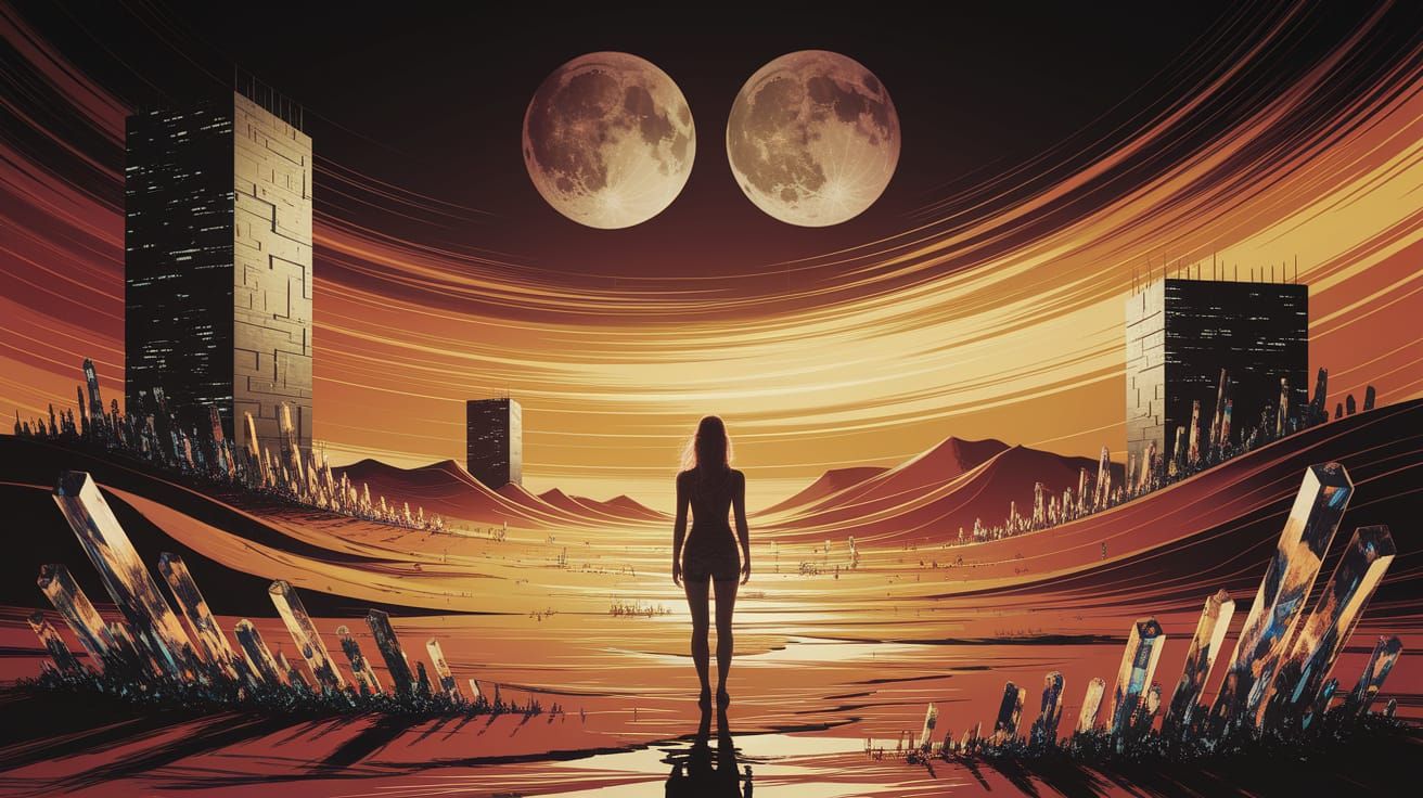 Solitary Woman in Alien Landscape Under Twin Moons