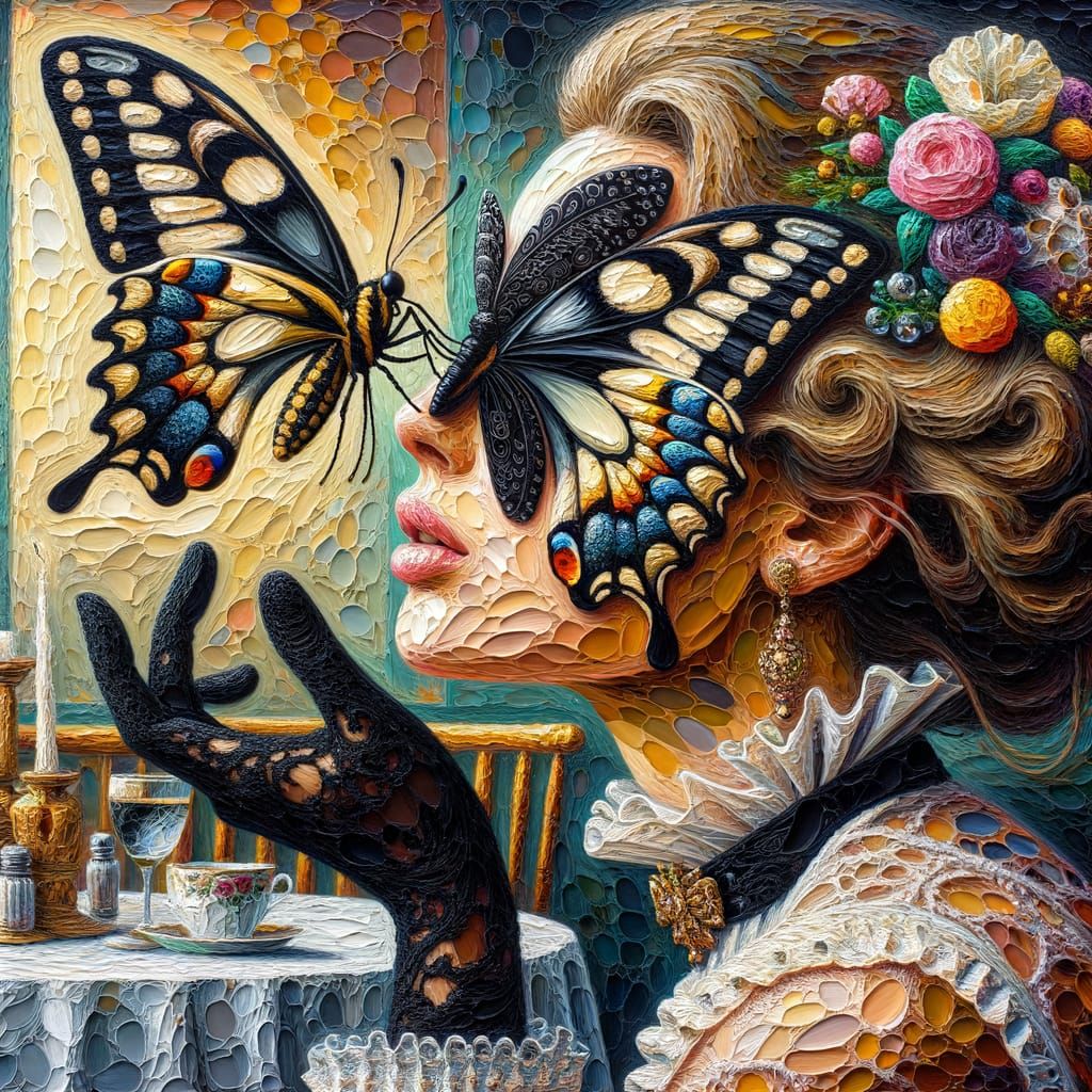 Surreal Oil Painting of Butterfly in Victorian Style Restaur...