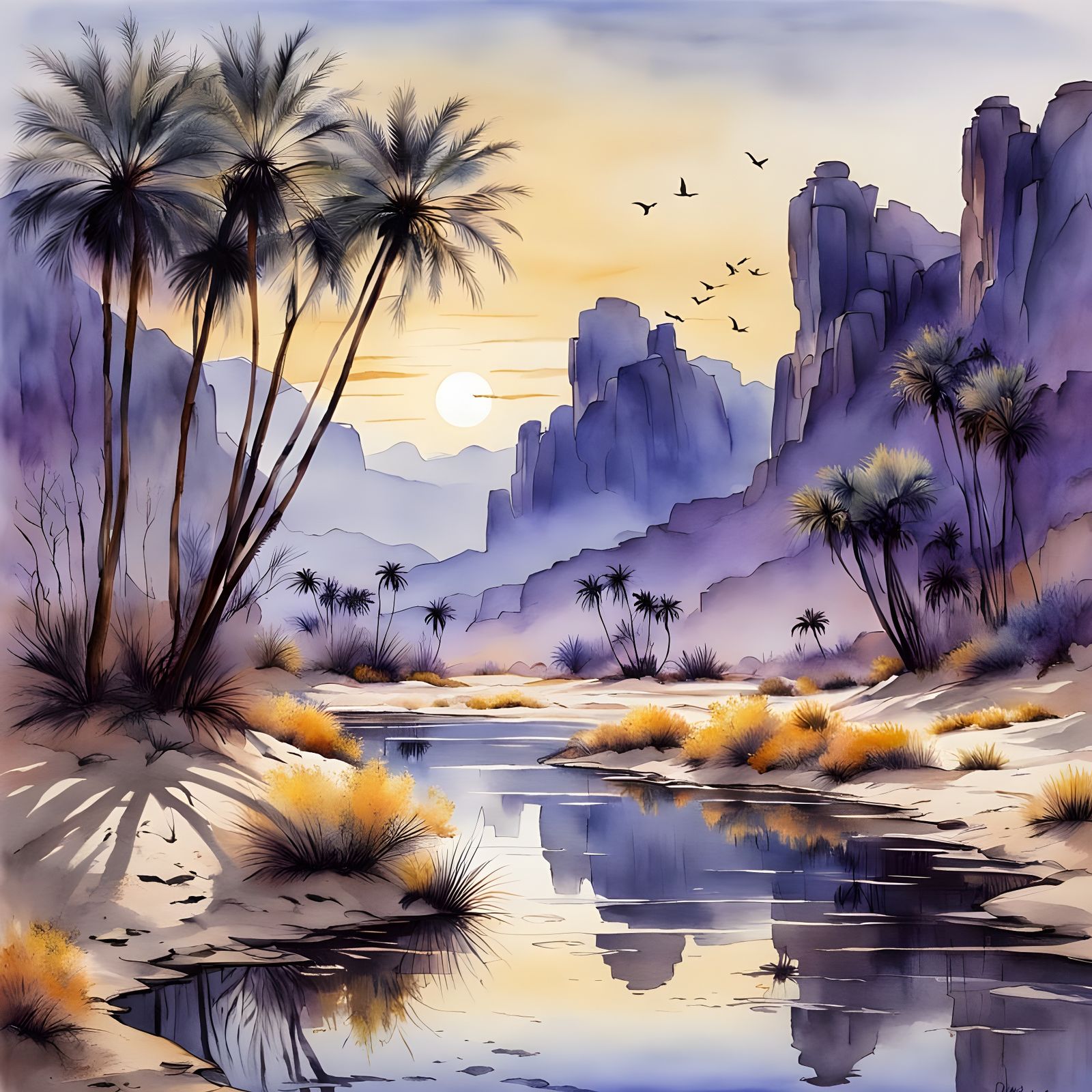 Mystical Desert Oasis at Dusk Watercolor Painting