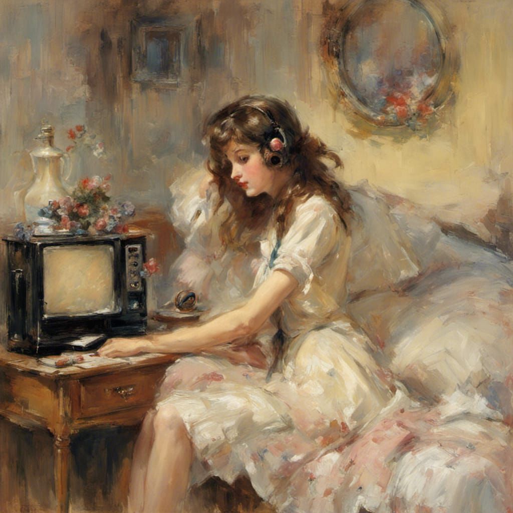 Pretty French Girl Listening to Radio, in Royo Style