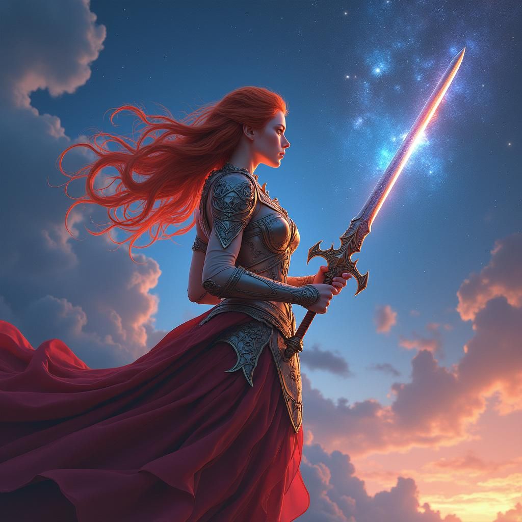 Redhead Princess Sword Against Starry Galaxy Sky