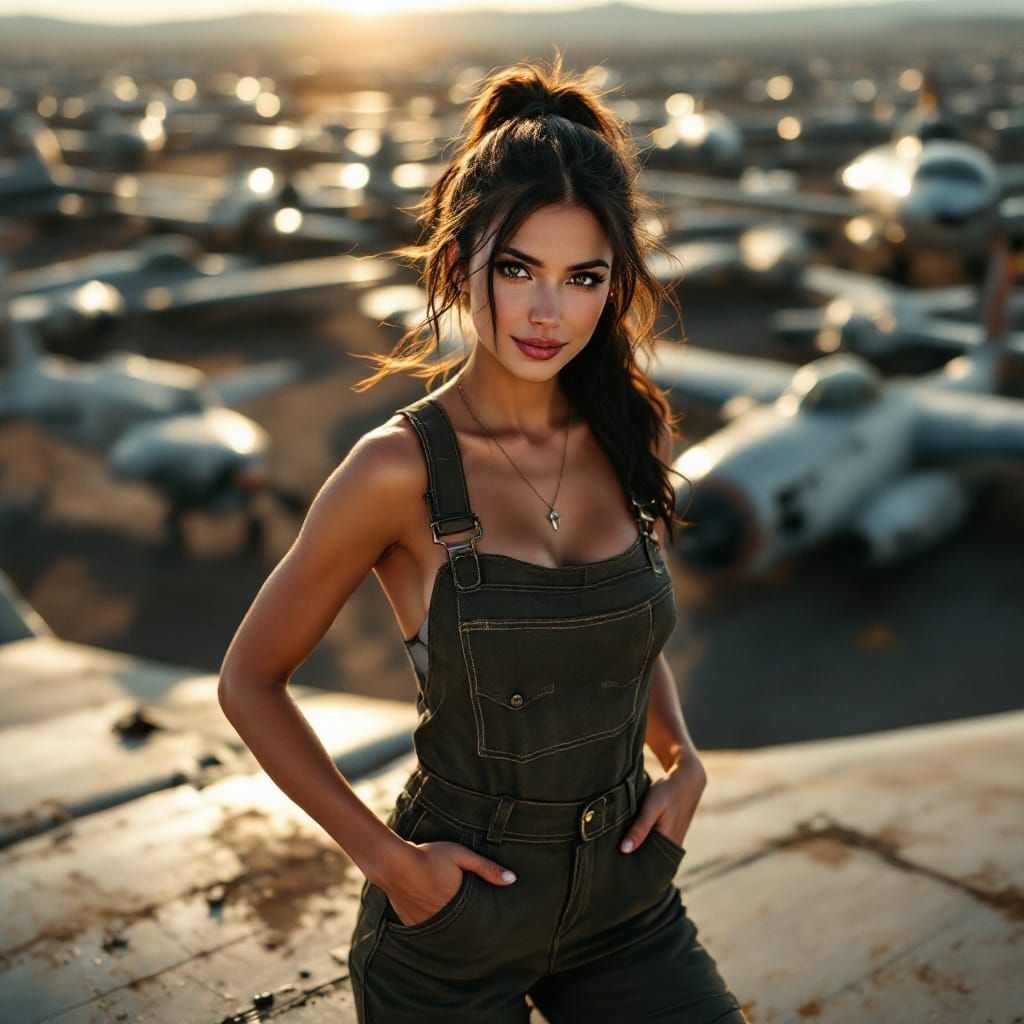 A dark-haired female aircraft mechanic with striking Slavic ...