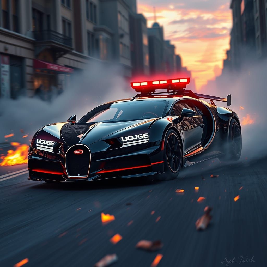 Futuristic Bugatti Fire Engine Speeds Through Smoky Cityscap...