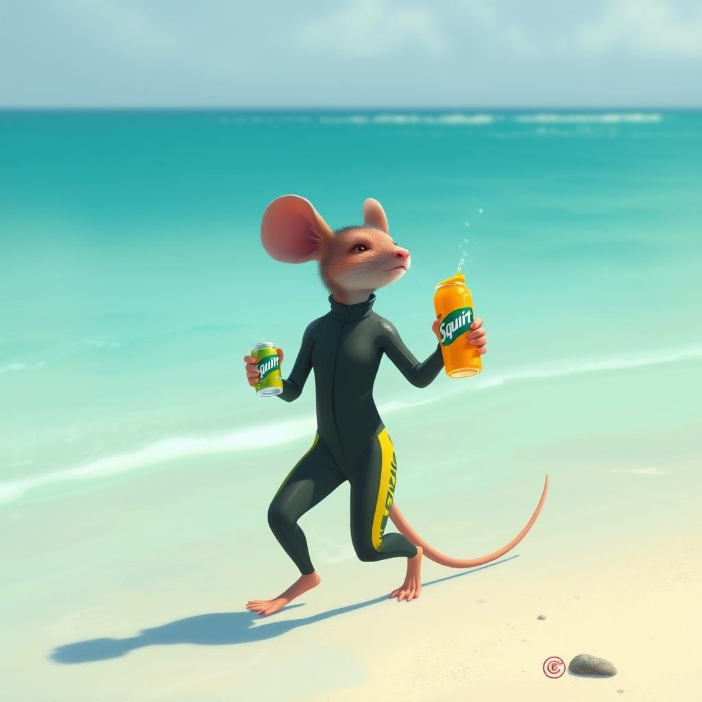 Mouse Girl in Wetsuit Drinks Soda on Beach