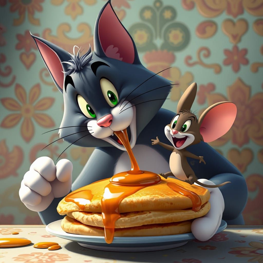 Vibrant Cartoon Scene: Tom Cat's Joyful Gift to Jerry Mouse